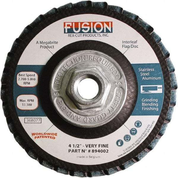 Rex Cut Product - 120 Grit, 4-1/2" Disc Diam, 5/8-11 Center Hole, Type 29 Aluminum Oxide Flap Disc - 13,300 Max RPM, Fiberglass Backing, Arbor Attaching System, Coated & Non-Woven Combo - Eagle Tool & Supply