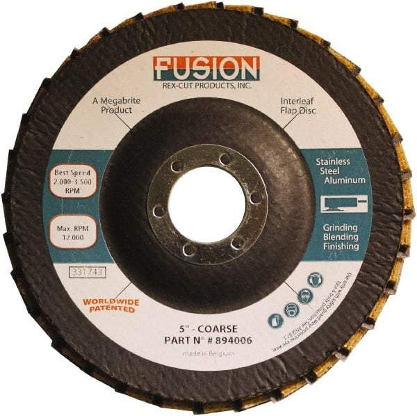 Rex Cut Product - 60 Grit, 5" Disc Diam, 7/8" Center Hole, Type 29 Aluminum Oxide Flap Disc - 12,200 Max RPM, Fiberglass Backing, Arbor Attaching System, Coated & Non-Woven Combo - Eagle Tool & Supply