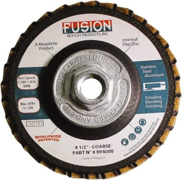 Rex Cut Product - 60 Grit, 4-1/2" Disc Diam, 5/8-11 Center Hole, Type 29 Aluminum Oxide Flap Disc - 13,300 Max RPM, Fiberglass Backing, Arbor Attaching System, Coated & Non-Woven Combo - Eagle Tool & Supply