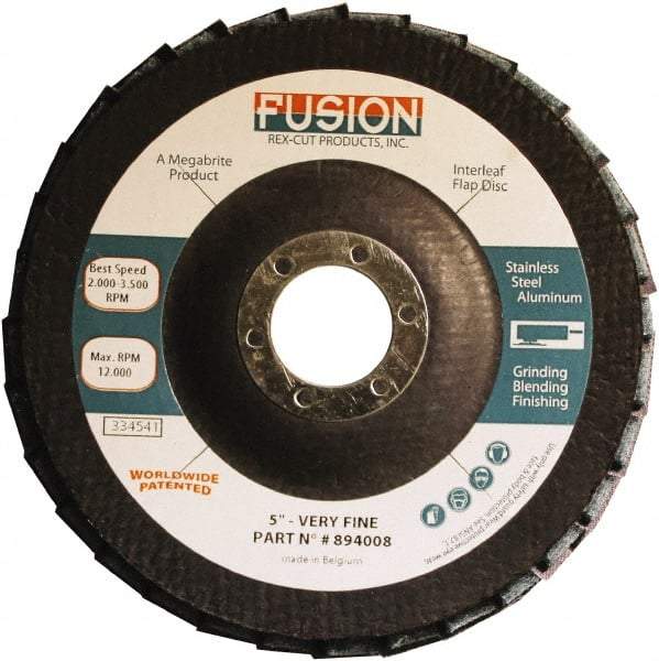 Rex Cut Product - 120 Grit, 5" Disc Diam, 7/8" Center Hole, Type 29 Aluminum Oxide Flap Disc - 12,200 Max RPM, Fiberglass Backing, Arbor Attaching System, Coated & Non-Woven Combo - Eagle Tool & Supply