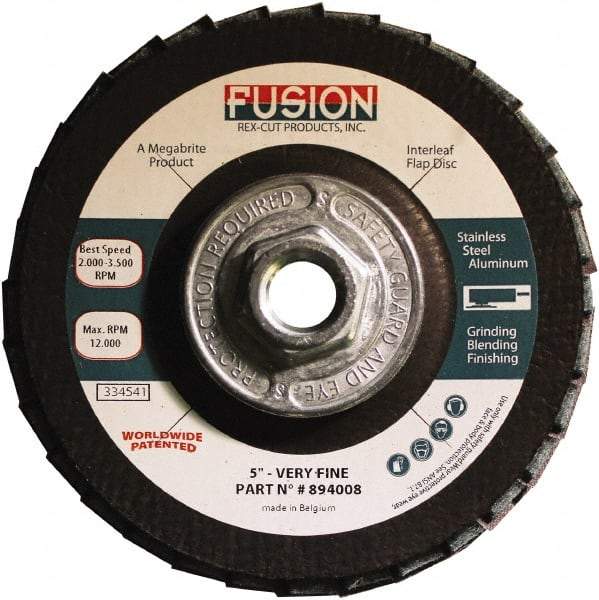 Rex Cut Product - 120 Grit, 5" Disc Diam, 5/8-11 Center Hole, Type 29 Aluminum Oxide Flap Disc - 12,200 Max RPM, Fiberglass Backing, Arbor Attaching System, Coated & Non-Woven Combo - Eagle Tool & Supply