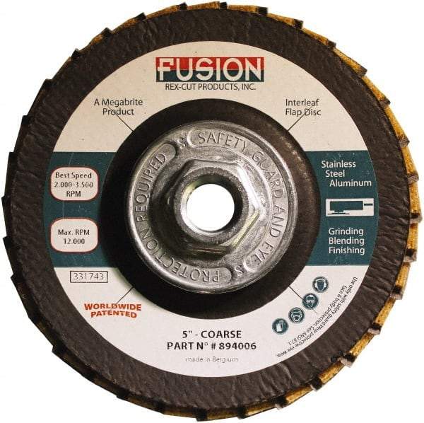 Rex Cut Product - 60 Grit, 5" Disc Diam, 5/8-11 Center Hole, Type 29 Aluminum Oxide Flap Disc - 12,200 Max RPM, Fiberglass Backing, Arbor Attaching System, Coated & Non-Woven Combo - Eagle Tool & Supply