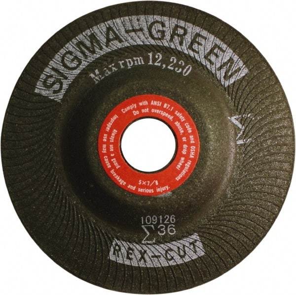 Rex Cut Product - 36 Grit, 5" Wheel Diam, 7/8" Arbor Hole, Type 27 Depressed Center Wheel - Zirconia Alumina/Aluminum Oxide Blend - Eagle Tool & Supply