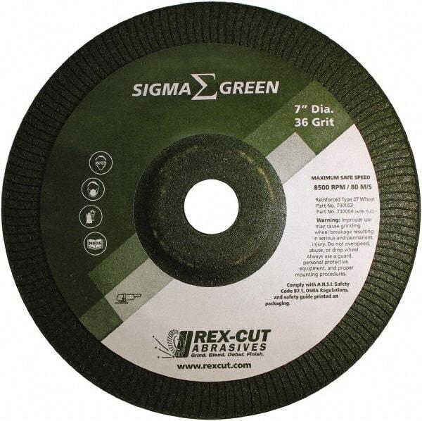 Rex Cut Product - 36 Grit, 7" Wheel Diam, 7/8" Arbor Hole, Type 27 Depressed Center Wheel - Zirconia Alumina/Aluminum Oxide Blend - Eagle Tool & Supply