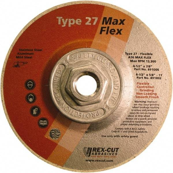 Rex Cut Product - 36 Grit, 4-1/2" Wheel Diam, 5/32" Wheel Thickness, Type 27 Depressed Center Wheel - Aluminum Oxide, 13,300 Max RPM - Eagle Tool & Supply