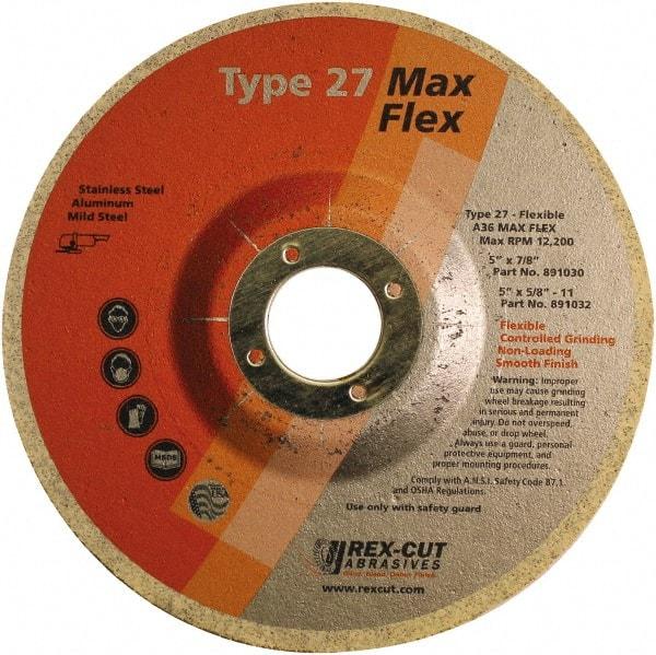 Rex Cut Product - 36 Grit, 5" Wheel Diam, 5/32" Wheel Thickness, 7/8" Arbor Hole, Type 27 Depressed Center Wheel - Aluminum Oxide, 12,200 Max RPM - Eagle Tool & Supply