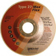 Rex Cut Product - 36 Grit, 4-1/2" Wheel Diam, 3/16" Wheel Thickness, 7/8" Arbor Hole, Type 27 Depressed Center Wheel - Aluminum Oxide, 13,300 Max RPM - Eagle Tool & Supply