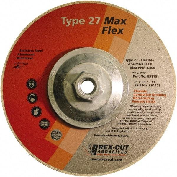 Rex Cut Product - 54 Grit, 7" Wheel Diam, 5/32" Wheel Thickness, Type 27 Depressed Center Wheel - Aluminum Oxide, 8,500 Max RPM - Eagle Tool & Supply