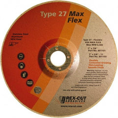 Rex Cut Product - 54 Grit, 7" Wheel Diam, 5/32" Wheel Thickness, 7/8" Arbor Hole, Type 27 Depressed Center Wheel - Aluminum Oxide, 8,500 Max RPM - Eagle Tool & Supply
