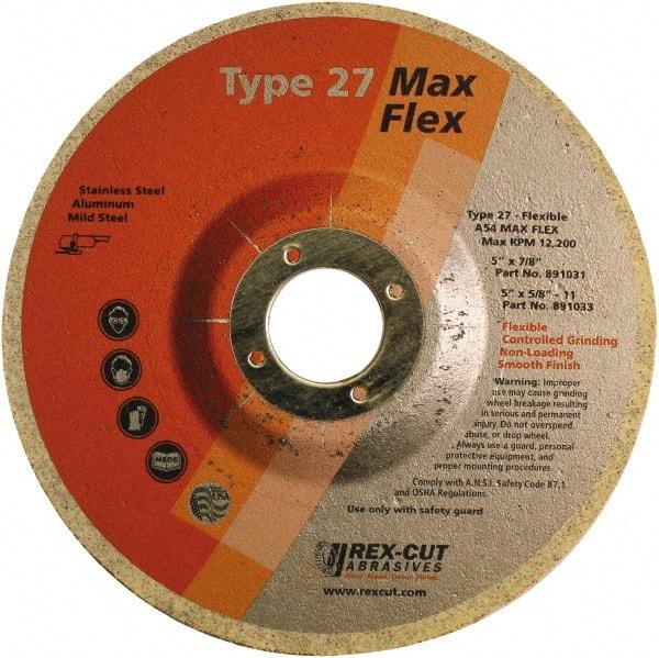 Rex Cut Product - 54 Grit, 5" Wheel Diam, 5/32" Wheel Thickness, 7/8" Arbor Hole, Type 27 Depressed Center Wheel - Aluminum Oxide, 12,200 Max RPM - Eagle Tool & Supply