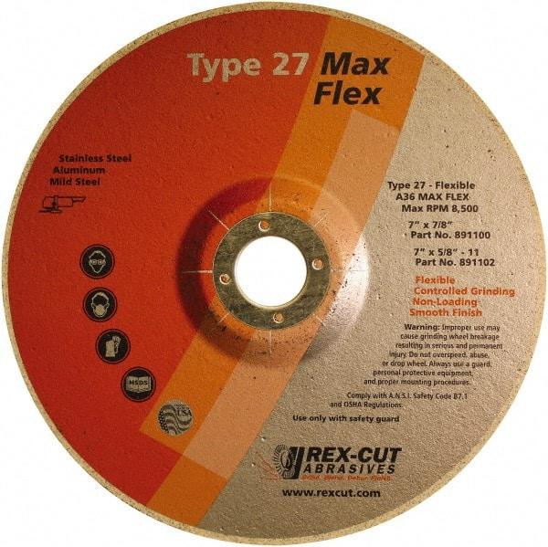 Rex Cut Product - 36 Grit, 7" Wheel Diam, 5/32" Wheel Thickness, 7/8" Arbor Hole, Type 27 Depressed Center Wheel - Aluminum Oxide, 8,500 Max RPM - Eagle Tool & Supply