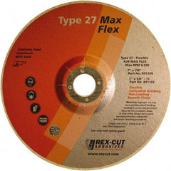 Rex Cut Product - 36 Grit, 7" Wheel Diam, 5/32" Wheel Thickness, 7/8" Arbor Hole, Type 27 Depressed Center Wheel - Aluminum Oxide, 8,500 Max RPM - Eagle Tool & Supply