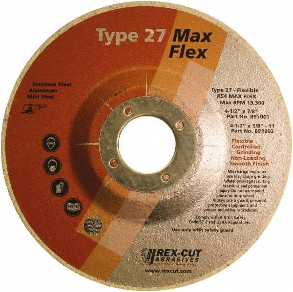 Rex Cut Product - 54 Grit, 4-1/2" Wheel Diam, 5/32" Wheel Thickness, 7/8" Arbor Hole, Type 27 Depressed Center Wheel - Aluminum Oxide, 13,300 Max RPM - Eagle Tool & Supply