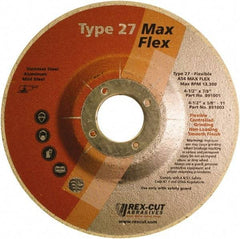 Rex Cut Product - 54 Grit, 4-1/2" Wheel Diam, 5/32" Wheel Thickness, 7/8" Arbor Hole, Type 27 Depressed Center Wheel - Aluminum Oxide, 13,300 Max RPM - Eagle Tool & Supply