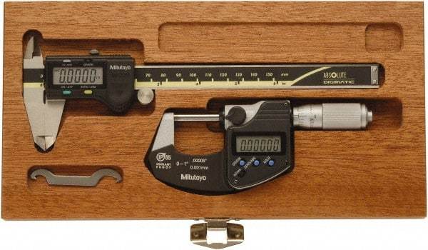 Mitutoyo - 4 Piece, Caliberated Machinist Caliper and Micrometer Tool Kit - 0 to 6 Inch Caliper, 0.0005 Inch Caliper Resoluion, 0 to 1 Inch Micrometer, 0.0001 Inch Graduation, 0.0005 Inch Resoluion - Eagle Tool & Supply
