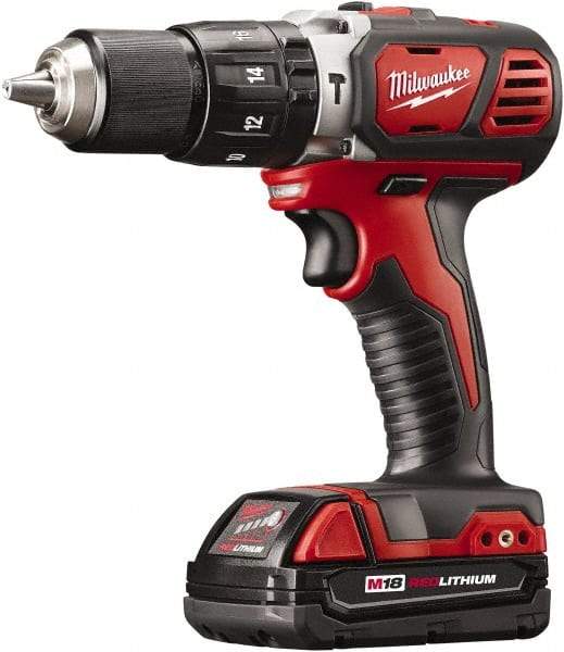 Milwaukee Tool - 18 Volt 1/2" Keyless Chuck Cordless Hammer Drill - 0 to 28,800 BPM, 0 to 1,800 RPM, Reversible - Eagle Tool & Supply