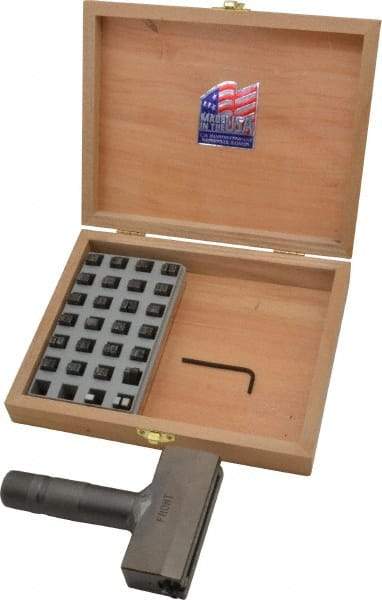 C.H. Hanson - 51 Piece, 3/16 Inch Character, Steel Type Set - 10 Character Capacity, Letter Set A-Z, Number Set 0-9, Dash, 3 Blank Spacers, Ea of 1-9, A, E and Wood Box with Plastic Insert - Eagle Tool & Supply