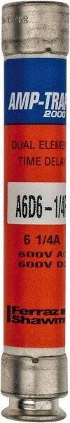 Ferraz Shawmut - 600 VAC/VDC, 6.25 Amp, Time Delay General Purpose Fuse - Clip Mount, 127mm OAL, 100 at DC, 200 at AC kA Rating, 13/16" Diam - Eagle Tool & Supply