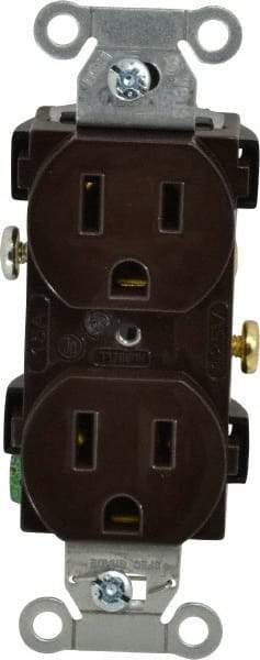 Hubbell Wiring Device-Kellems - 125 VAC, 15 Amp, 5-15R NEMA Configuration, Brown, Specification Grade, Self Grounding Duplex Receptacle - 1 Phase, 2 Poles, 3 Wire, Flush Mount - Eagle Tool & Supply