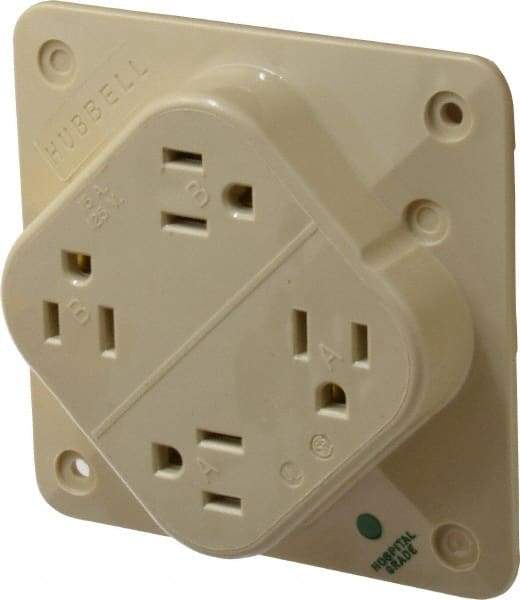 Hubbell Wiring Device-Kellems - 125 VAC, 15 Amp, 5-15R NEMA Configuration, Ivory, Hospital Grade, Self Grounding Fourplex Receptacle - 1 Phase, 2 Poles, 3 Wire, Flush Mount, Impact Resistant - Eagle Tool & Supply