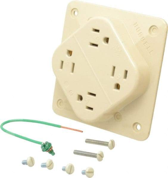 Hubbell Wiring Device-Kellems - 125 VAC, 15 Amp, 5-15R NEMA Configuration, Ivory, Specification Grade, Self Grounding Fourplex Receptacle - 1 Phase, 2 Poles, 3 Wire, Flush Mount, Impact Resistant - Eagle Tool & Supply