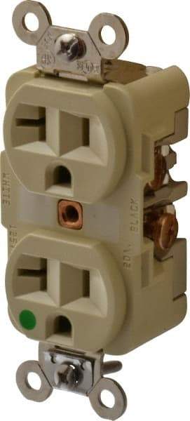 Hubbell Wiring Device-Kellems - 125 VAC, 20 Amp, 5-20R NEMA Configuration, Ivory, Hospital Grade, Self Grounding Duplex Receptacle - 1 Phase, 2 Poles, 3 Wire, Flush Mount, Chemical, Corrosion and Impact Resistant - Eagle Tool & Supply