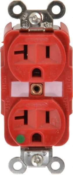 Hubbell Wiring Device-Kellems - 125 VAC, 20 Amp, 5-20R NEMA Configuration, Red, Hospital Grade, Self Grounding Duplex Receptacle - 1 Phase, 2 Poles, 3 Wire, Flush Mount, Tamper Resistant - Eagle Tool & Supply