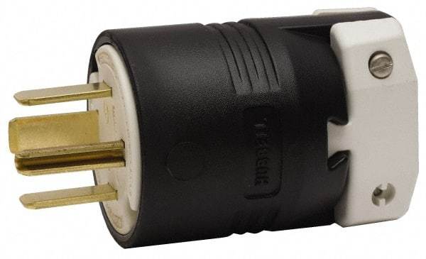 Hubbell Wiring Device-Kellems - 250 VAC, 60 Amp, 15-60P NEMA, Straight, Self Grounding, Commercial, Industrial Grade Plug - 3 Pole, 4 Wire, 3 Phase, 10 hp, Nylon, Black, White - Eagle Tool & Supply