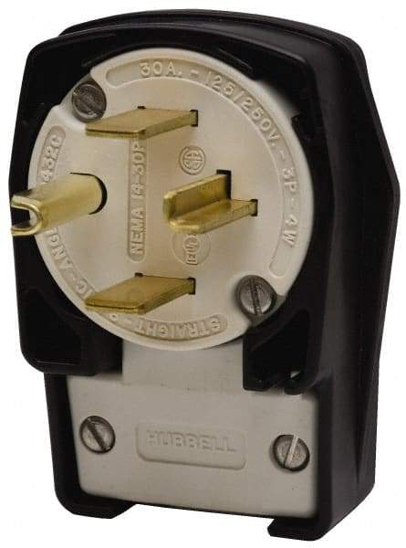 Hubbell Wiring Device-Kellems - 250 VAC, 30 Amp, 15-30P NEMA, Angled, Self Grounding, Commercial, Industrial Grade Plug - 3 Pole, 4 Wire, 3 Phase, 3 hp, Nylon, Black, White - Eagle Tool & Supply