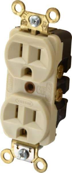 Hubbell Wiring Device-Kellems - 125 VAC, 15 Amp, 5-15R NEMA Configuration, Ivory, Industrial Grade, Self Grounding Duplex Receptacle - 1 Phase, 2 Poles, 3 Wire, Flush Mount, Corrosion, Heat and Impact Resistant - Eagle Tool & Supply