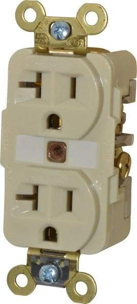 Hubbell Wiring Device-Kellems - 125 VAC, 20 Amp, 5-20R NEMA Configuration, Ivory, Specification Grade, Self Grounding Duplex Receptacle - 1 Phase, 2 Poles, 3 Wire, Flush Mount, Corrosion, Heat and Impact Resistant - Eagle Tool & Supply