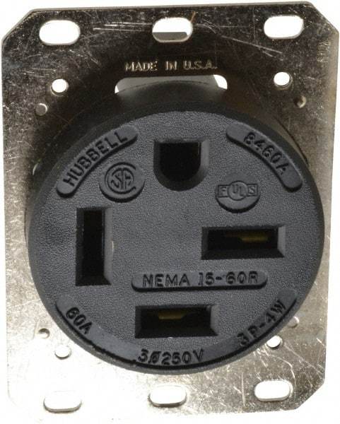 Hubbell Wiring Device-Kellems - 250 VAC, 60 Amp, 15-60R NEMA Configuration, Black, Industrial Grade, Self Grounding Single Receptacle - 1 Phase, 3 Poles, 4 Wire, Flush Mount - Eagle Tool & Supply