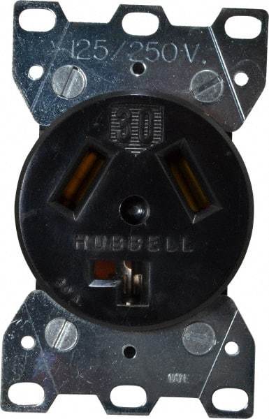 Hubbell Wiring Device-Kellems - 125/250 VAC, 30 Amp, 10-30R NEMA Configuration, Black/White, Industrial Grade, Self Grounding Single Receptacle - 1 Phase, 3 Poles, 3 Wire, Flush Mount - Eagle Tool & Supply