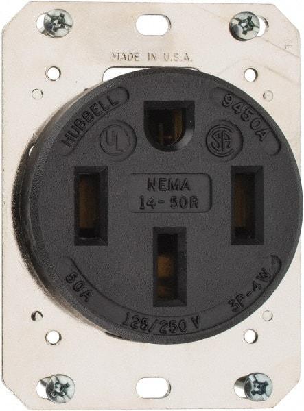 Hubbell Wiring Device-Kellems - 125/250 VAC, 50 Amp, 14-50R NEMA Configuration, Black, Industrial Grade, Self Grounding Single Receptacle - 1 Phase, 3 Poles, 4 Wire, Flush Mount - Eagle Tool & Supply