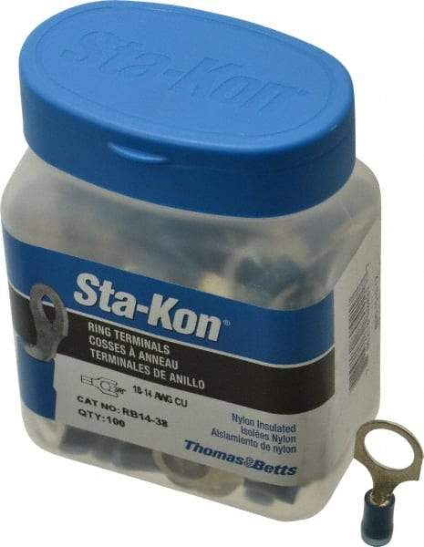 Thomas & Betts - 18-14 AWG Partially Insulated Crimp Connection D Shaped Ring Terminal - 3/8" Stud, 1.17" OAL x 0.53" Wide, Tin Plated Copper Contact - Eagle Tool & Supply