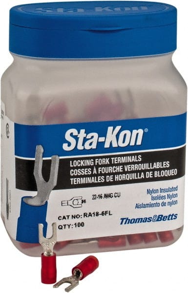 Thomas & Betts - #6 Stud, 22 to 16 AWG Compatible, Partially Insulated, Crimp Connection, Locking Fork Terminal - Eagle Tool & Supply