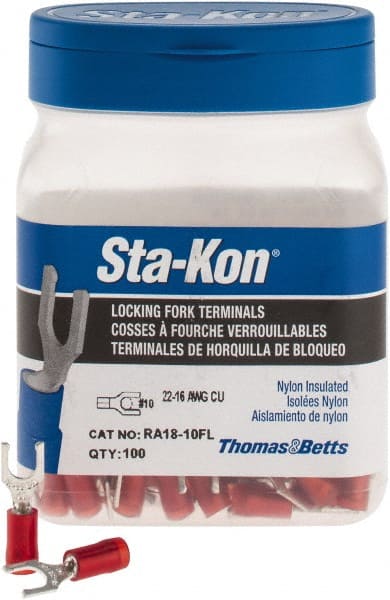 Thomas & Betts - #10 Stud, 22 to 16 AWG Compatible, Partially Insulated, Crimp Connection, Locking Fork Terminal - Eagle Tool & Supply