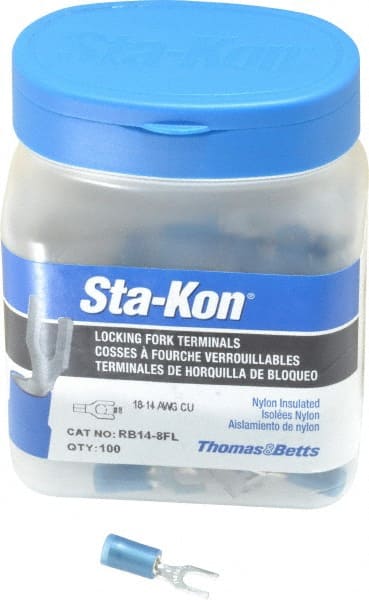 Thomas & Betts - #8 Stud, 18 to 14 AWG Compatible, Partially Insulated, Crimp Connection, Locking Fork Terminal - Eagle Tool & Supply