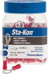 Thomas & Betts - 22-16 AWG Partially Insulated Crimp Connection D Shaped Ring Terminal - 5/16" Stud, 1.13" OAL x 1/2" Wide, Tin Plated Copper Contact - Eagle Tool & Supply