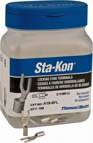 Thomas & Betts - #6 Stud, 22 to 16 AWG Compatible, Noninsulated, Crimp Connection, Locking Fork Terminal - Eagle Tool & Supply