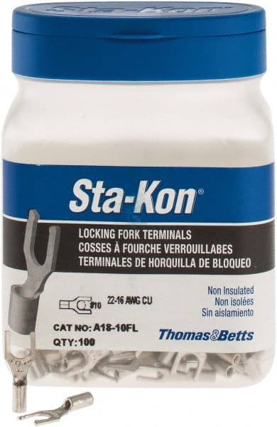 Thomas & Betts - #10 Stud, 22 to 16 AWG Compatible, Noninsulated, Crimp Connection, Locking Fork Terminal - Eagle Tool & Supply