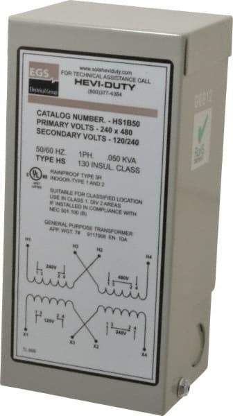 Sola/Hevi-Duty - 1 Phase, 240-480 Volt Input, 120/240 Volt Output, 60 Hz, 0.05 kVA, General Purpose Transformer - 4, 12, 3R, 4X NEMA Rating, 176°F Temp Rise, 4 Inch Wide x 3 Inch Deep x 6 Inch High, Indoor, Outdoor, Wall Mount - Eagle Tool & Supply