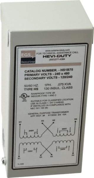 Sola/Hevi-Duty - 1 Phase, 240-480 Volt Input, 120/240 Volt Output, 60 Hz, 0.08 kVA, General Purpose Transformer - 4, 12, 3R, 4X NEMA Rating, 176°F Temp Rise, 4 Inch Wide x 3 Inch Deep x 6 Inch High, Indoor, Outdoor, Wall Mount - Eagle Tool & Supply