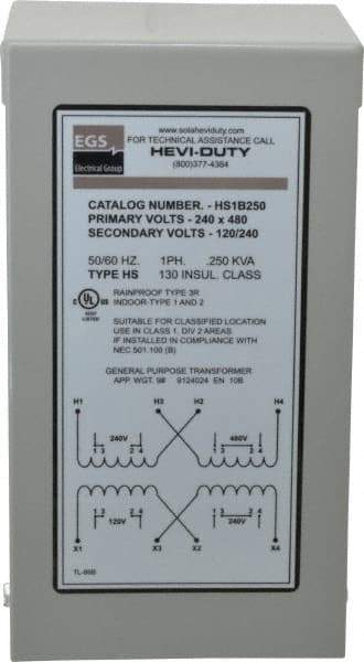 Sola/Hevi-Duty - 1 Phase, 240-480 Volt Input, 120/240 Volt Output, 60 Hz, 1/4 kVA, General Purpose Transformer - 4, 12, 3R, 4X NEMA Rating, 176°F Temp Rise, 4 Inch Wide x 4 Inch Deep x 8 Inch High, Indoor, Outdoor, Wall Mount - Eagle Tool & Supply