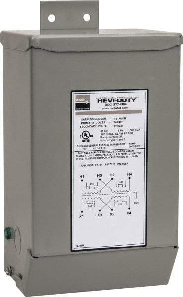 Sola/Hevi-Duty - 1 Phase, 240-480 Volt Input, 120/240 Volt Output, 60 Hz, 0.5 kVA, General Purpose Transformer - 4, 12, 3R, 4X NEMA Rating, 239°F Temp Rise, 6 Inch Wide x 5 Inch Deep x 10 Inch High, Indoor, Outdoor, Wall Mount - Eagle Tool & Supply