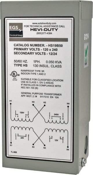 Sola/Hevi-Duty - 120/240 Input Volt, 12/24 Output Volt, 60 Hz, Buck Boost Transformer - 1 Phase, 4 Inch Wide x 3 Inch Deep x 6 Inch High, cULus Listed E77014 - Eagle Tool & Supply