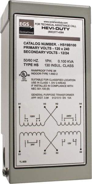Sola/Hevi-Duty - 120/240 Input Volt, 12/24 Output Volt, 60 Hz, Buck Boost Transformer - 1 Phase, 4 Inch Wide x 3 Inch Deep x 6 Inch High, cULus Listed E77014 - Eagle Tool & Supply