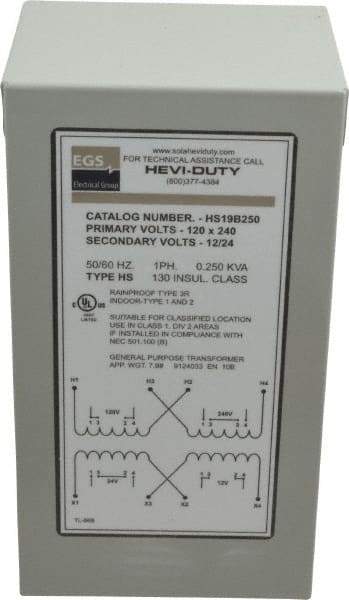 Sola/Hevi-Duty - 120/240 Input Volt, 12/24 Output Volt, 60 Hz, Buck Boost Transformer - 1 Phase, 4 Inch Wide x 4 Inch Deep, cULus Listed E77014 - Eagle Tool & Supply