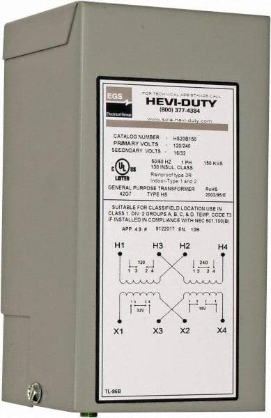 Sola/Hevi-Duty - 120/240 Input Volt, 16/32 Output Volt, 60 Hz, Buck Boost Transformer - 1 Phase, 4 Inch Wide x 4 Inch Deep x 8 Inch High, cULus Listed E77014 - Eagle Tool & Supply
