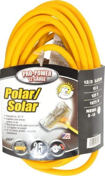 Southwire - 25', 12/3 Gauge/Conductors, Yellow Indoor & Outdoor Extension Cord - 1 Receptacle, 15 Amps, 300 Volts, UL SJEOW-A, NEMA 5-15P, 5-15R x 3 - Eagle Tool & Supply